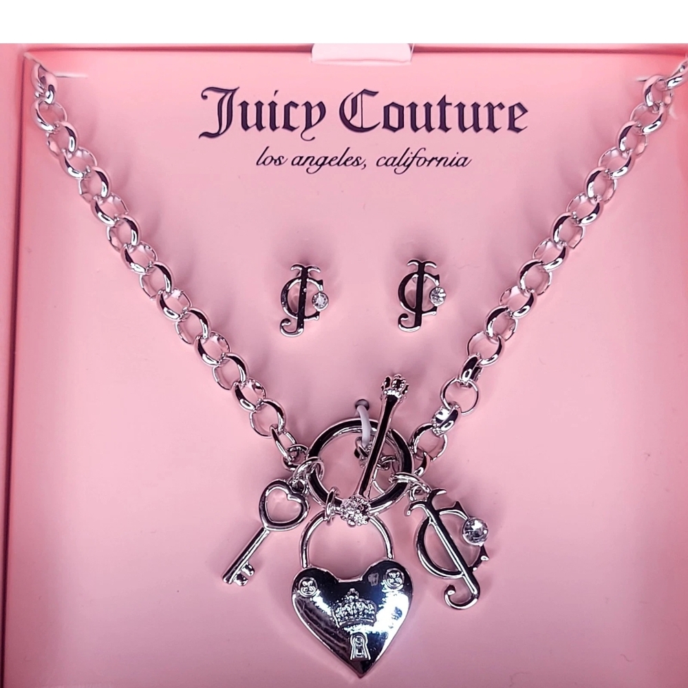 NIB Juicy Couture Silver Charm Necklace and Earrings Set